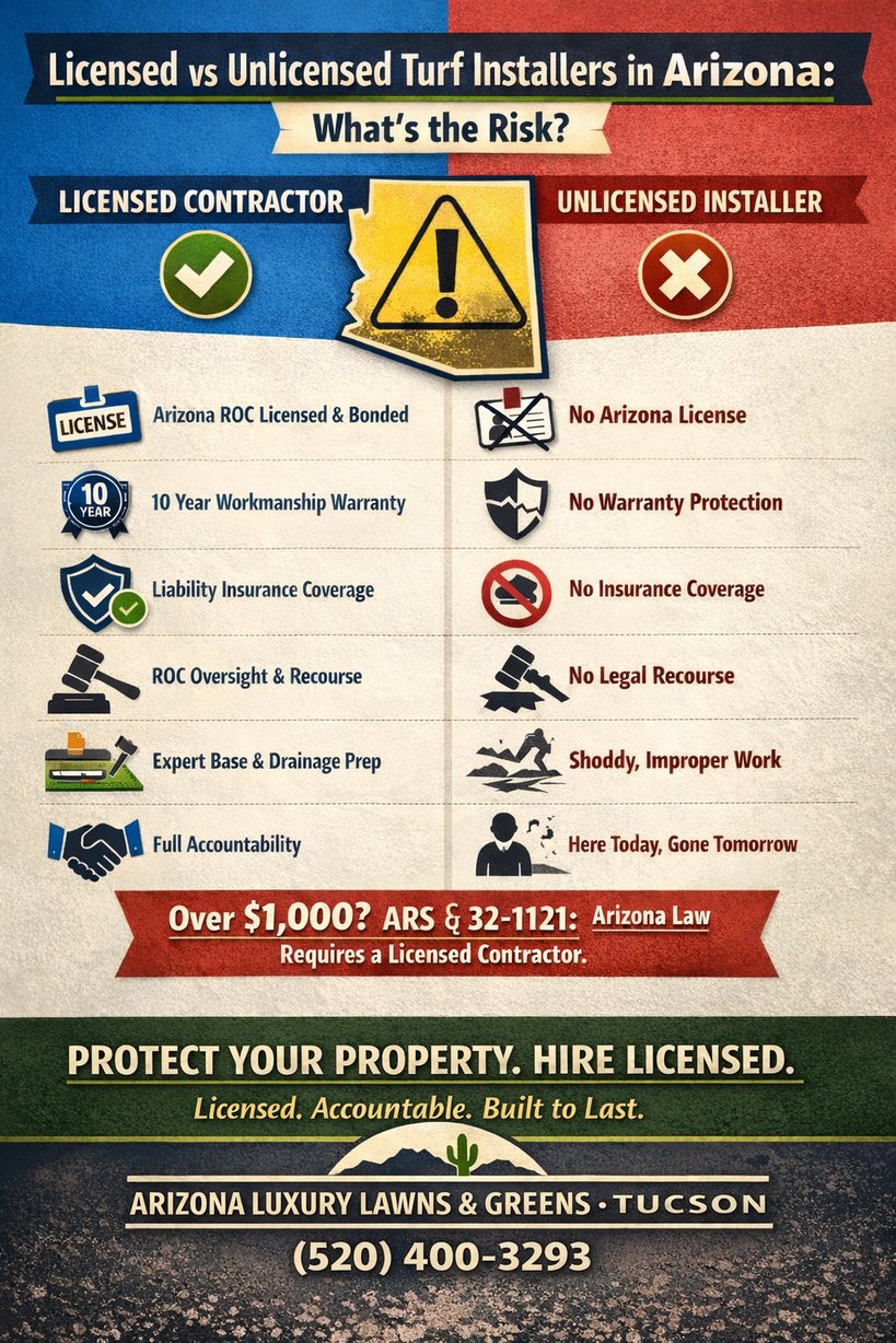 Licensed vs unlicensed turf installers in Arizona infographic showing risks, ARS 32-1121 law, and Tucson contractor protections.