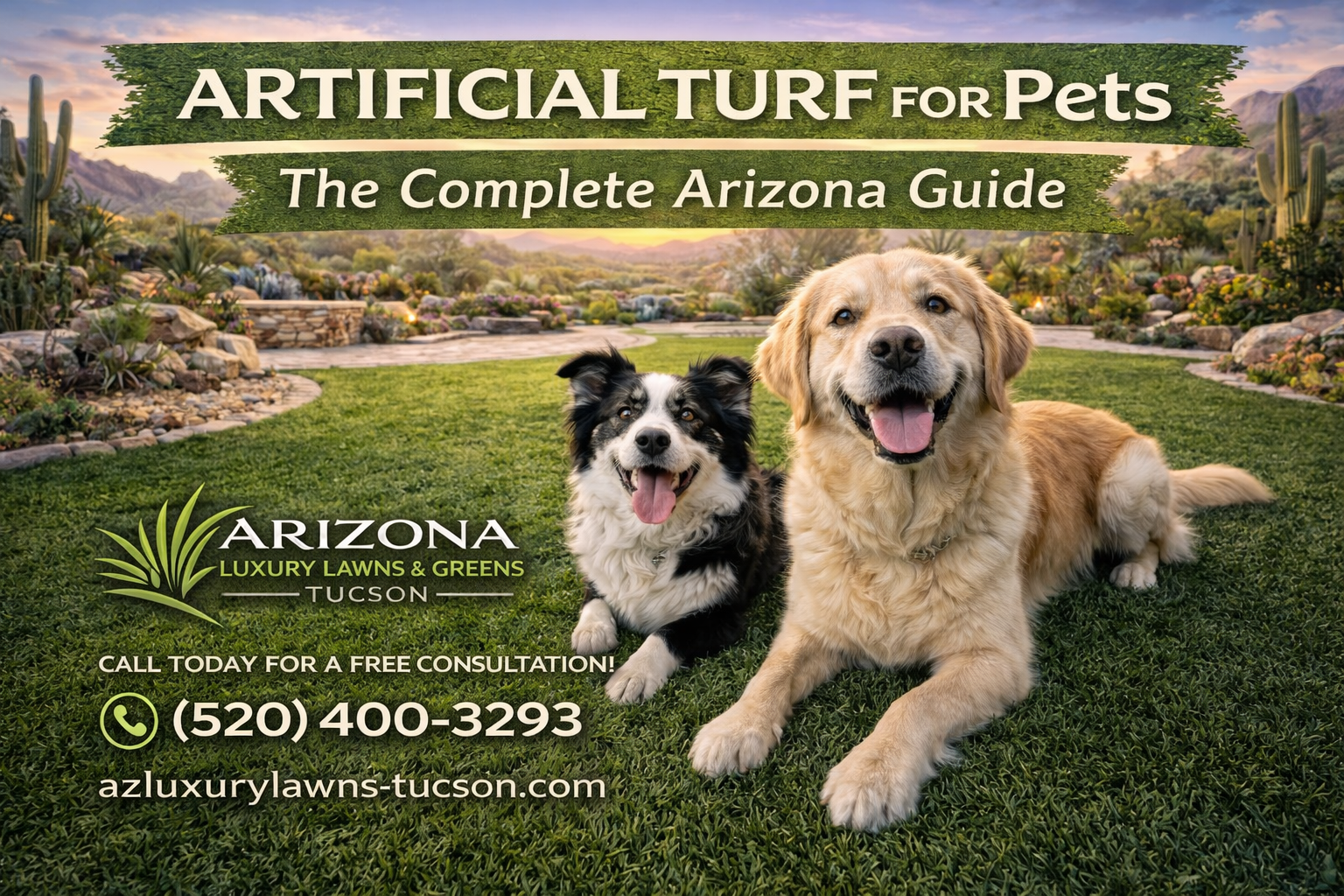 Pet-friendly artificial turf backyard in Southern Arizona with happy dogs by Arizona Luxury Lawns & Greens Tucson