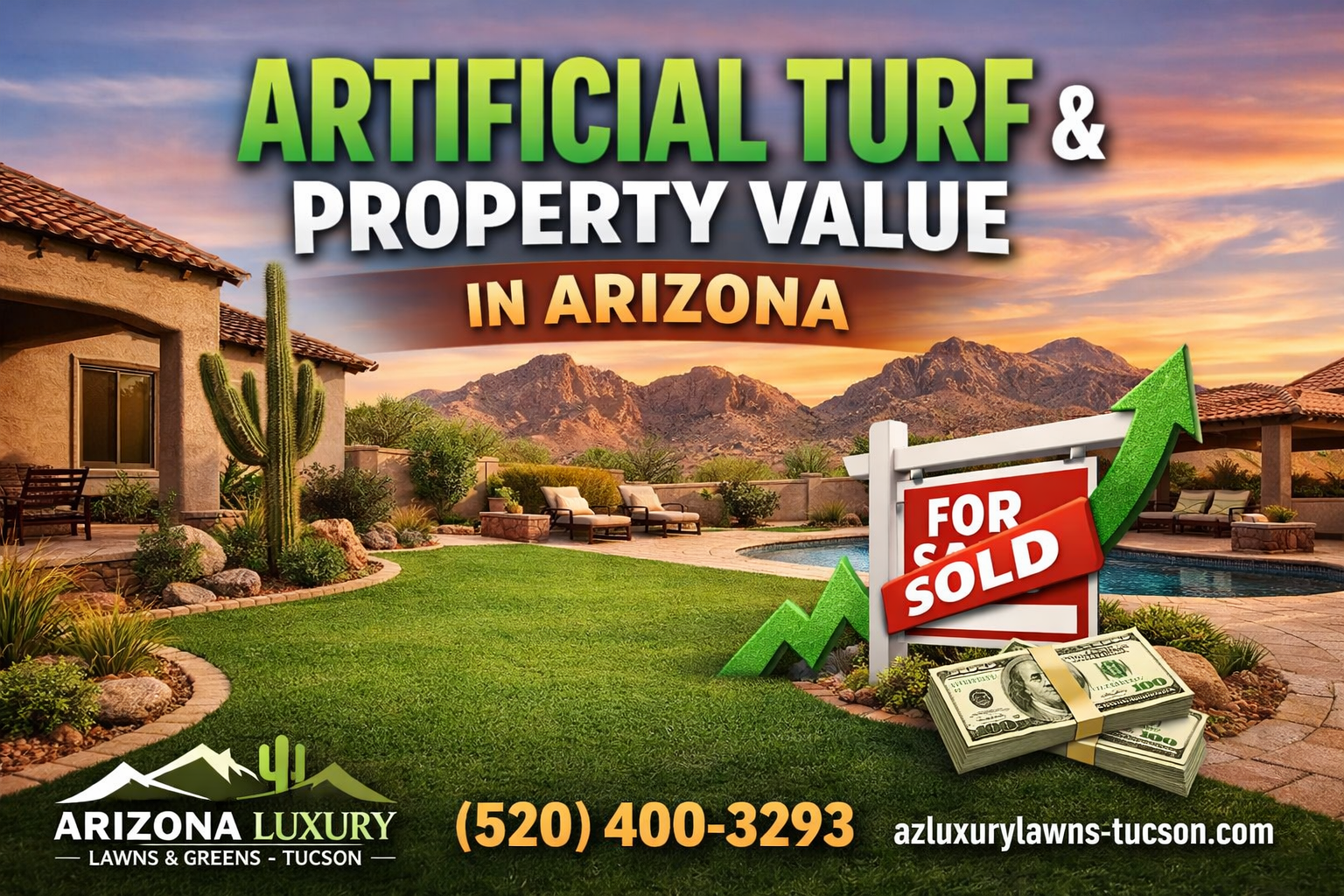 Artificial turf landscape increasing Arizona property value with desert home and pool