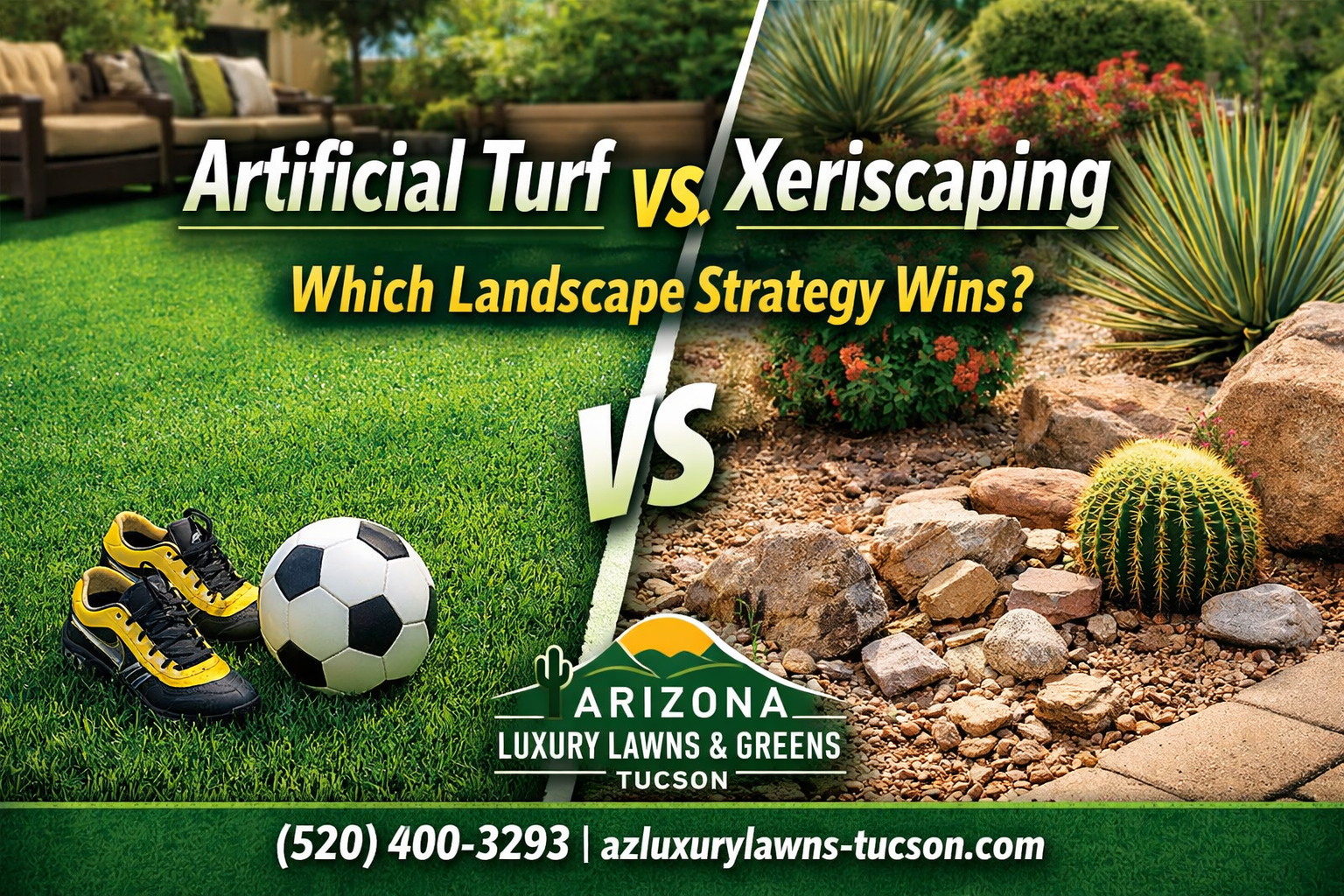 Artificial turf vs xeriscaping in Arizona showing green lawn and desert landscape comparison