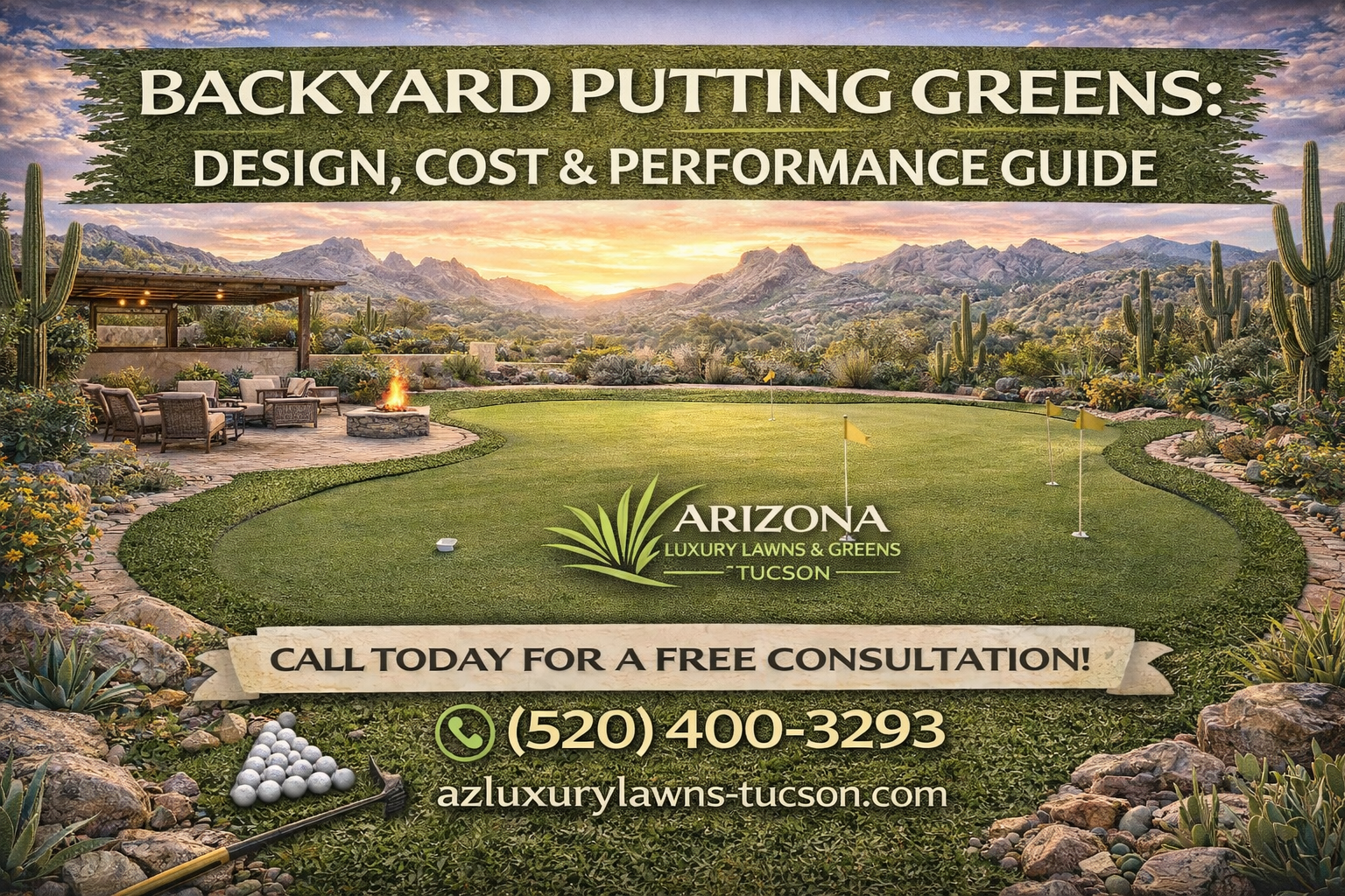 Luxury backyard putting green with artificial turf and desert landscaping in Southern Arizona by Arizona Luxury Lawns & Greens - Tucson