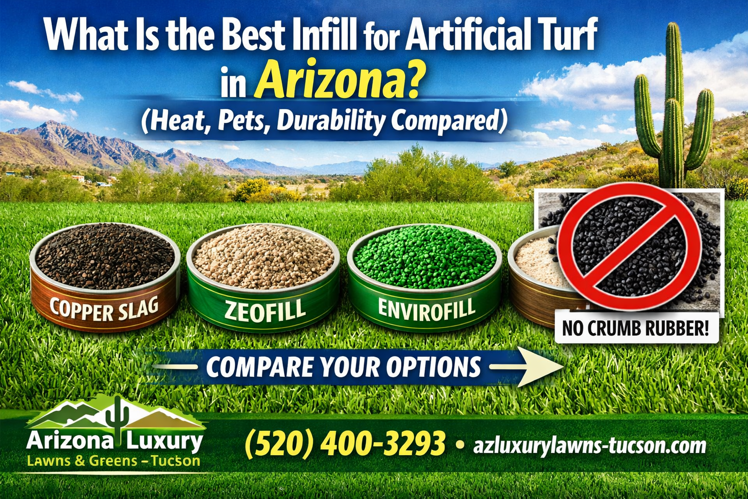 Best artificial turf infill in Arizona comparing copper slag, Zeofill, EnviroFill, and sand for heat, pets, and durability