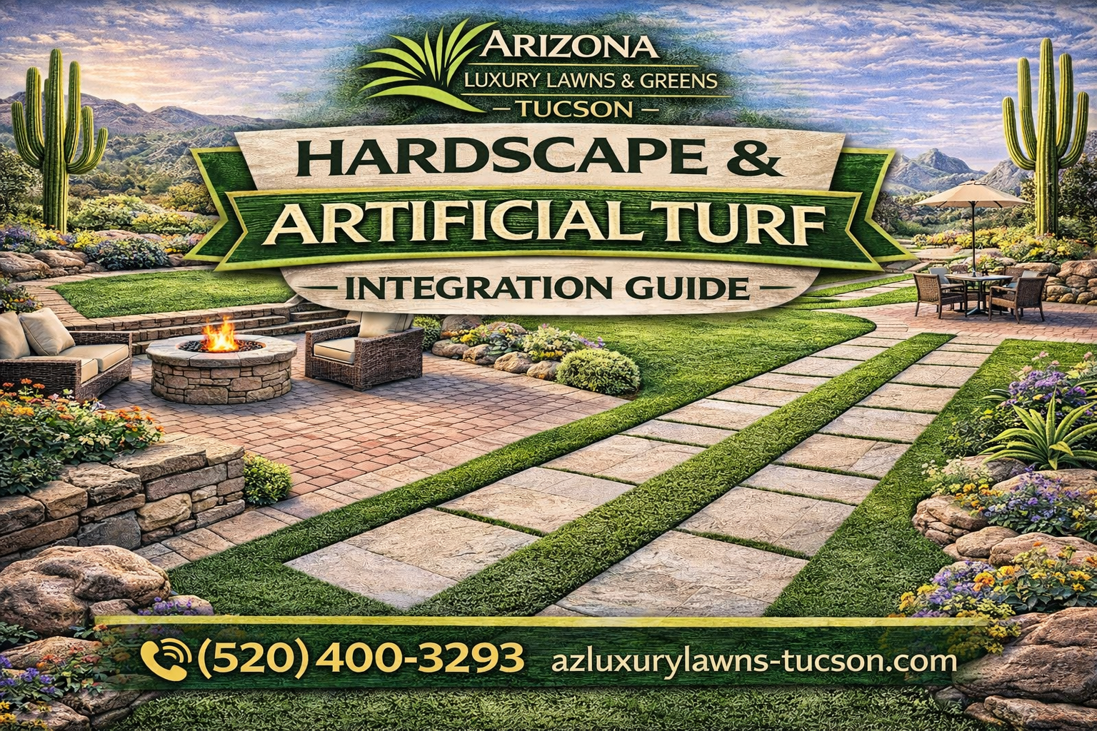 Hardscape patio and artificial turf landscape design in Southern Arizona by Arizona Luxury Lawns & Greens - Tucson