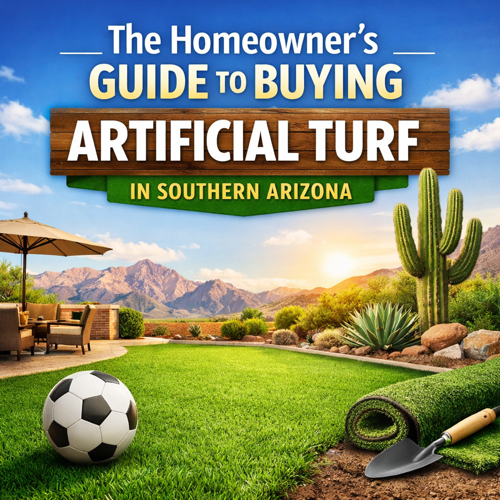 A homeowner’s guide to buying artificial turf in Southern Arizona with desert landscape and synthetic grass lawn.