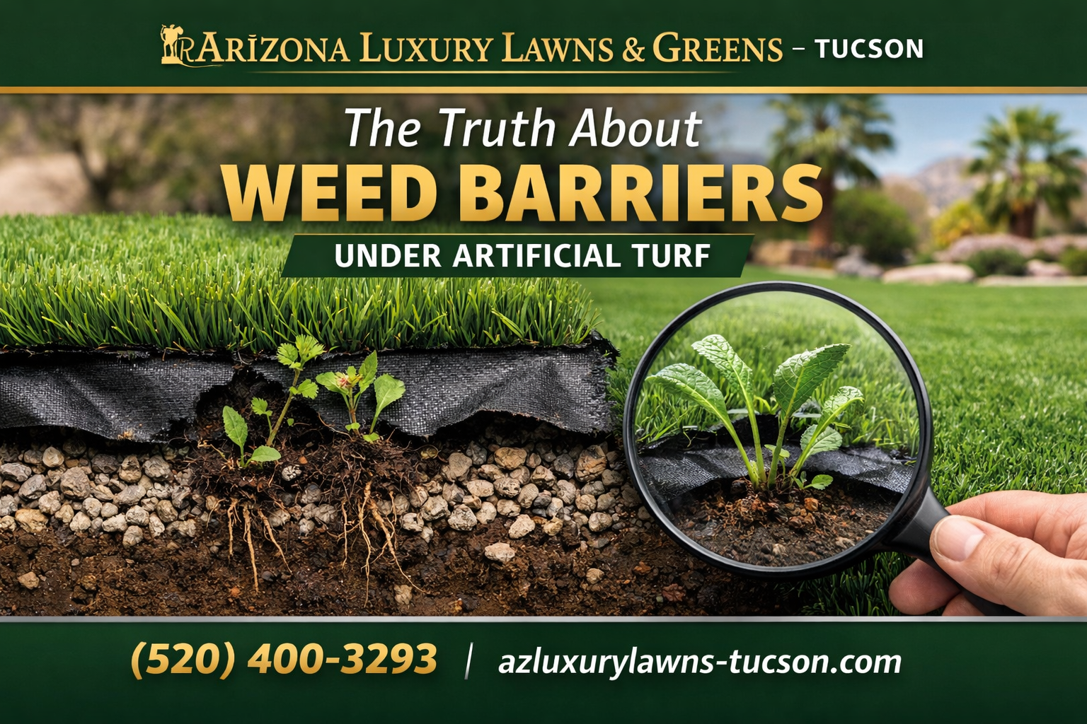 Artificial turf system cross-section showing weed barrier limitations and weed growth in Southern Arizona installations
